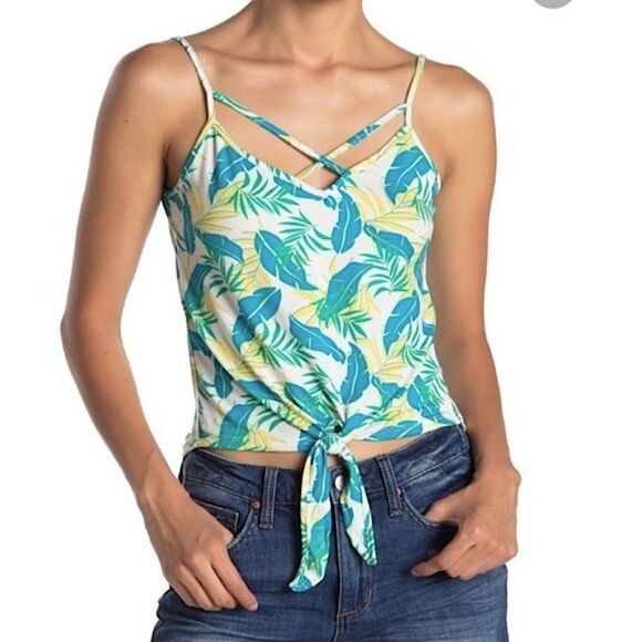 ๐บ Poof Tropical Botanical Print Strappy Knotted Tank Top NWT Size L - Picture 1 of 8